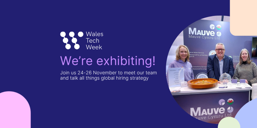 purple banner reading 'We're exhibiting' at Wales Tech Week 2025