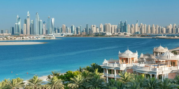 Coastal skyline with tall modern skyscrapers along the horizon, a wide blue bay, and white waterfront villas in the foreground surrounded by palm trees.