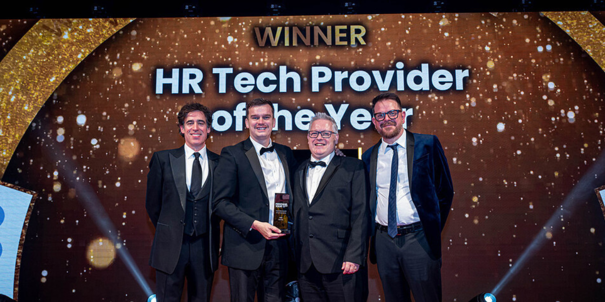 Photo Credit: Personnel Today Awards 2025 a group photo of Mauve receiving its 'HR Tech Provider of the Year' winner's trophy on stage at the Personnel Today Awards ceremony