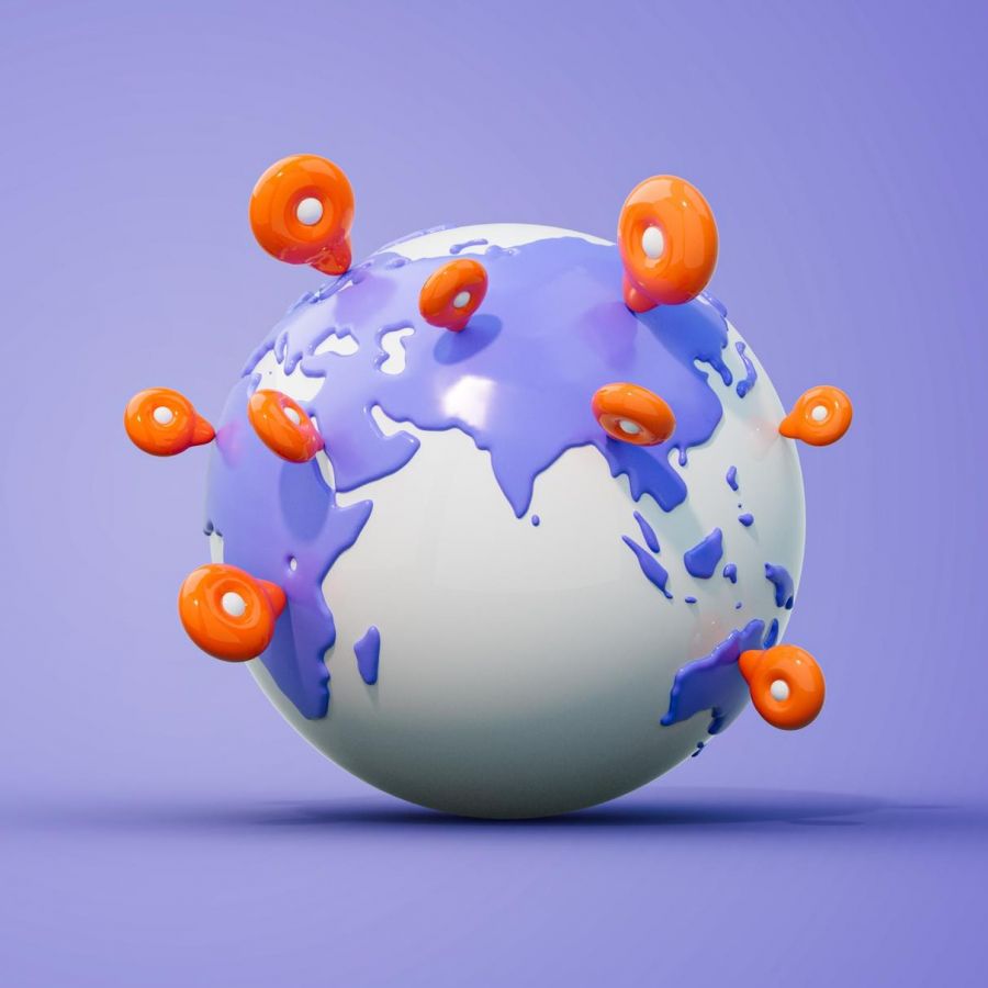 3D global image with location pins to represent global business expansion and immigration