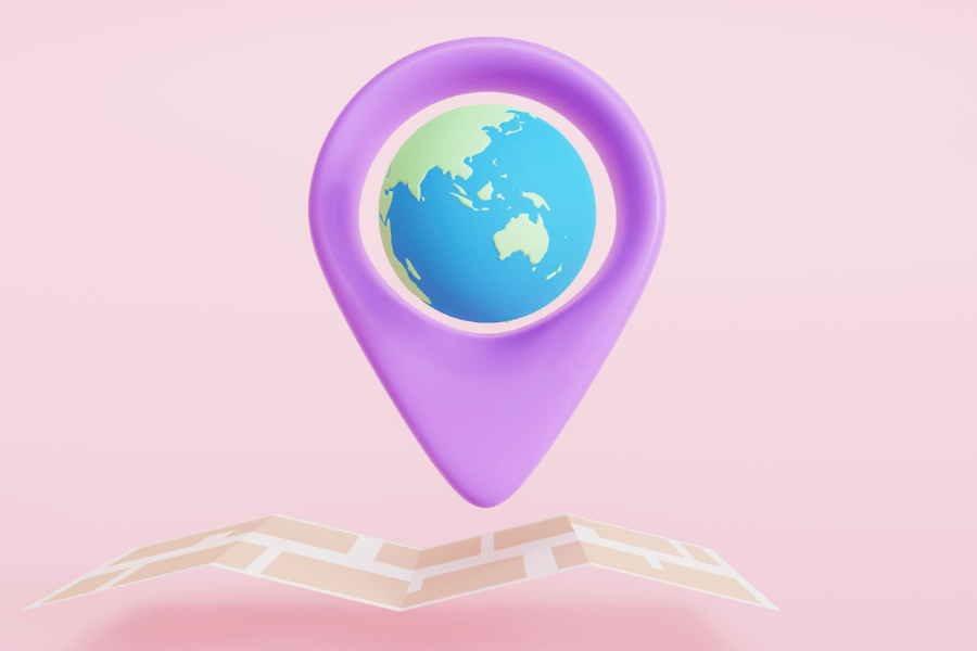3D image of globe and map pin in pink