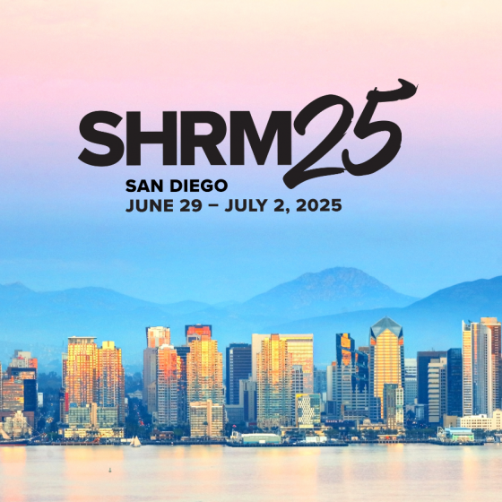 A black SHRM25 logo over a photo of a San Diego sunset