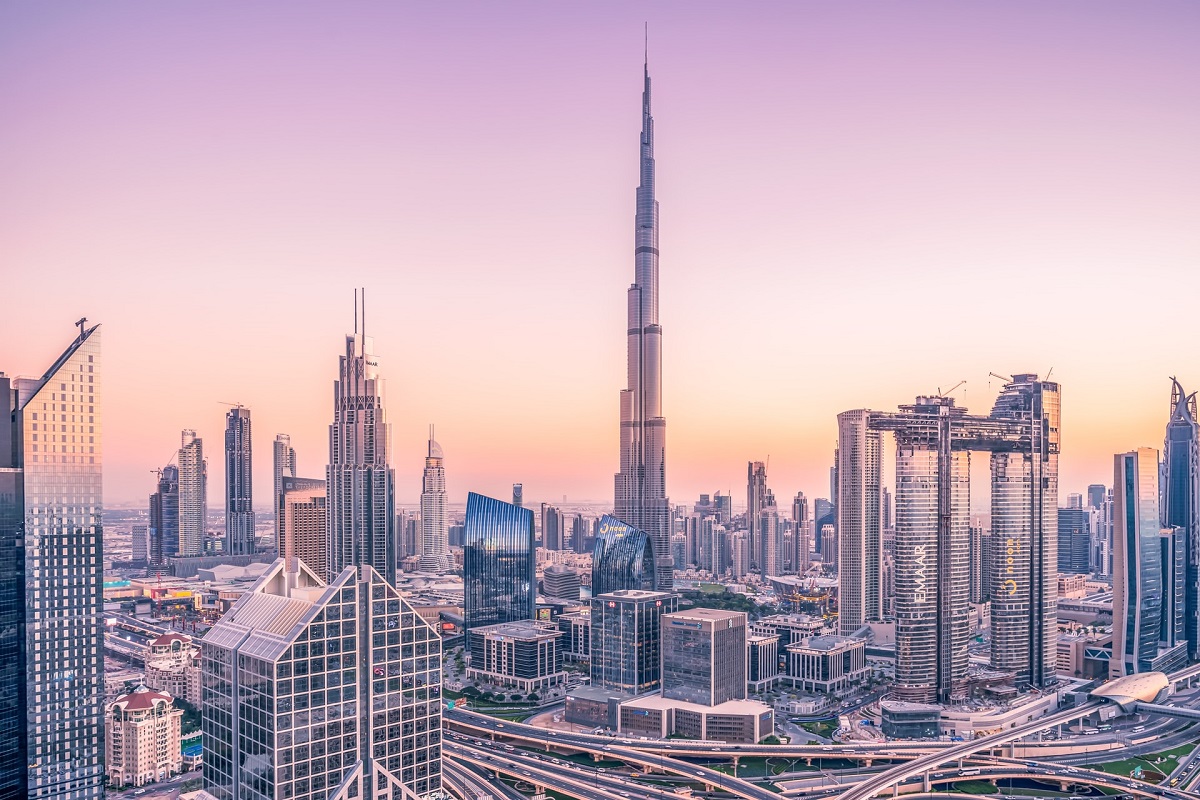 UAE's Dubai's skyline, during sunset, dominated by the Burj Khalifa