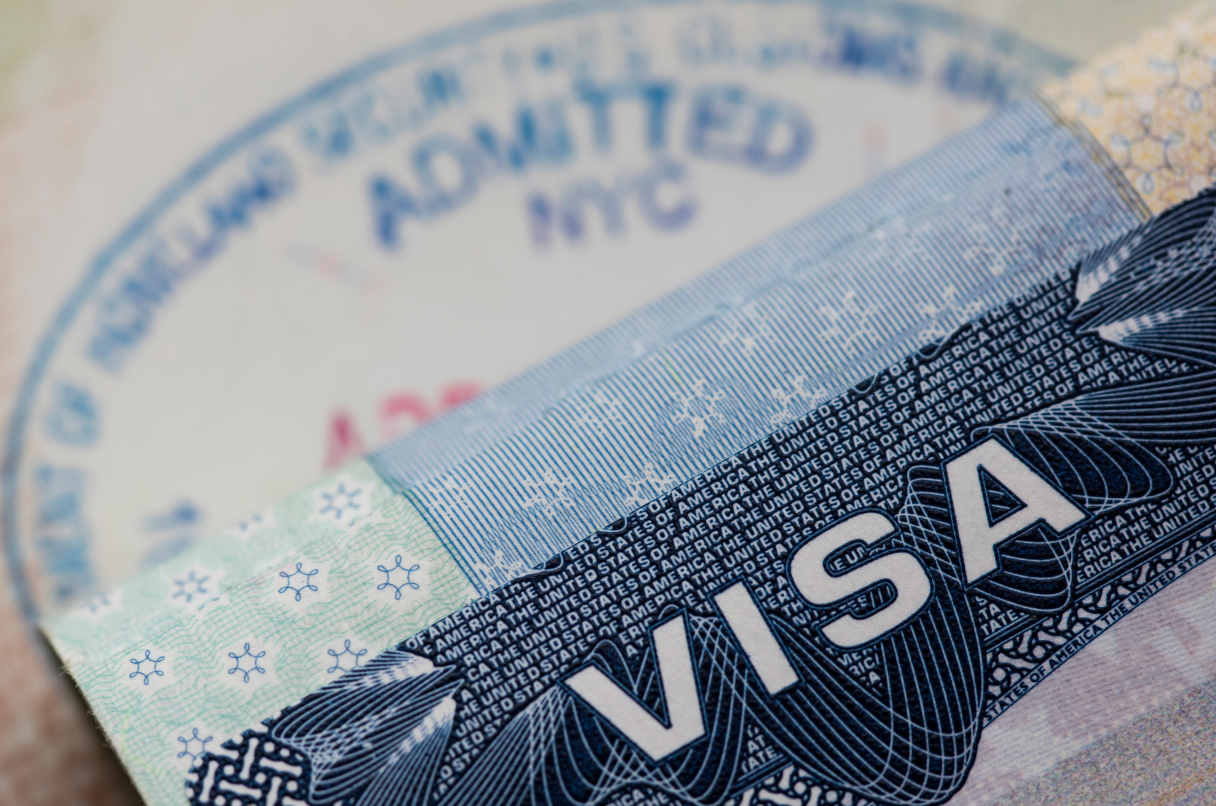 A closeup of a US visa stamp