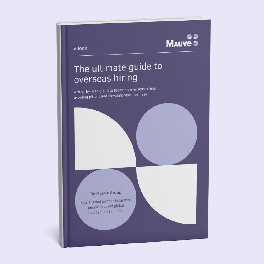 a purple front cover titled 'ultimate guide to overseas hiring'