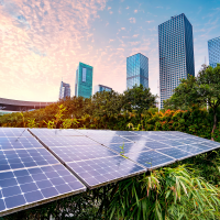 Solar panels amid a park in a modern city
