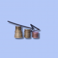 Deceasing piles of coins with downward arrow on blue background