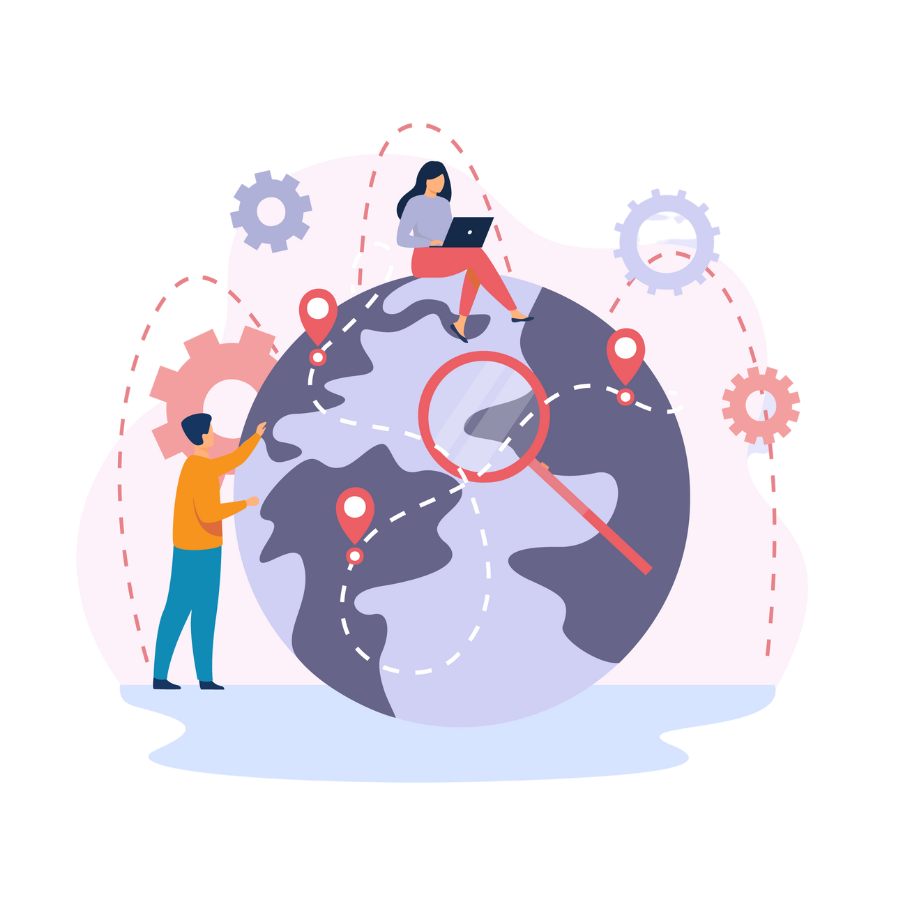 illustration of a mauve globe surrounded by people and light bulb and cog icons