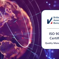 a purple tech-forward globe with a white badge reading 'ISO 9001 Certified'