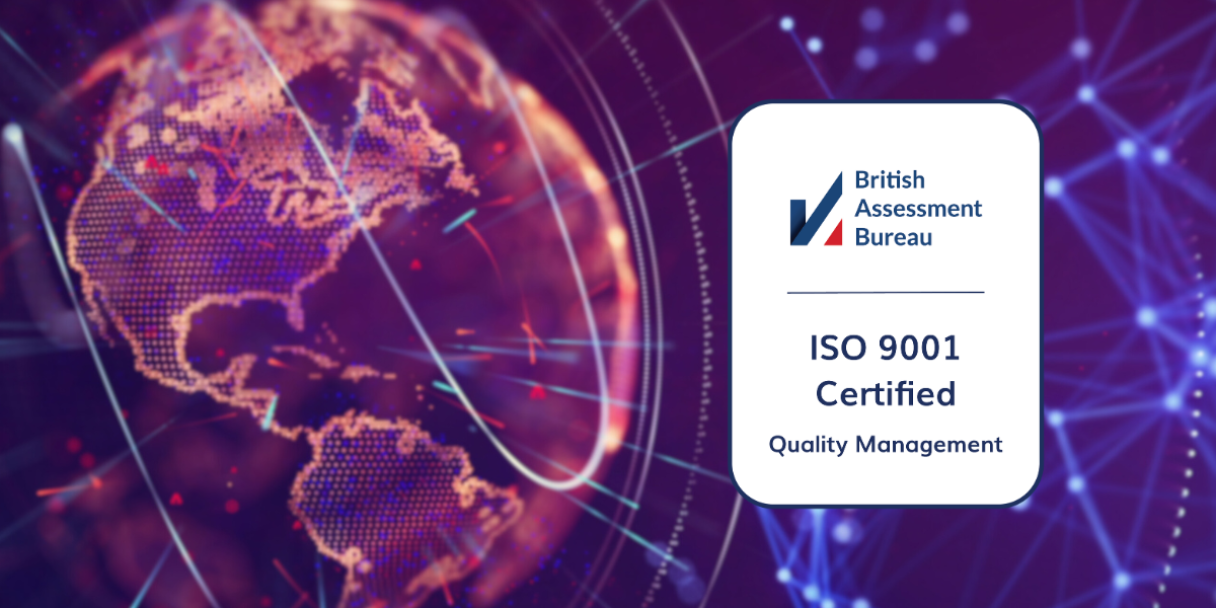 a purple tech-forward globe with a white badge reading 'ISO 9001 Certified'