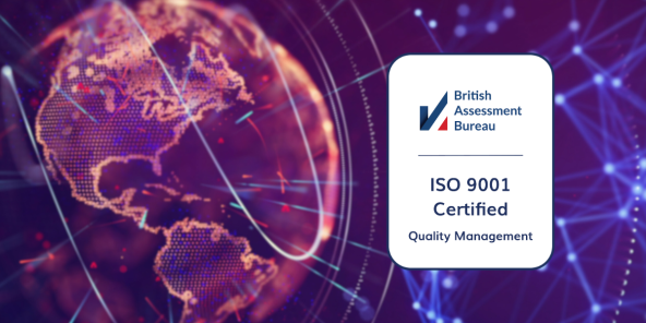 a purple tech-forward globe with a white badge reading 'ISO 9001 Certified'