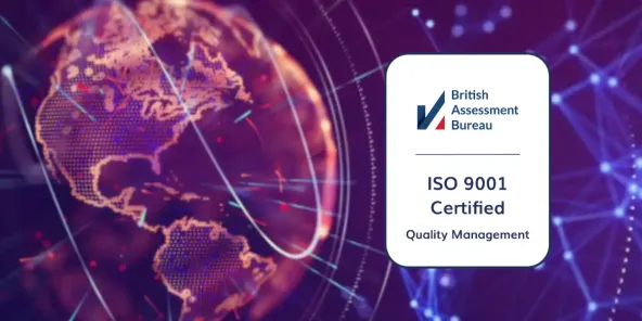 a purple tech-forward globe with a white badge reading 'ISO 9001 Certified'