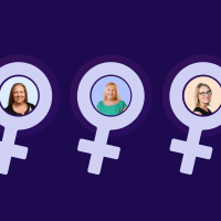 indigo purple background featuring the female symbol with headshot photos