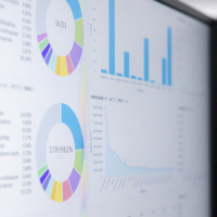 two computer monitors displaying various charts and graphs, including pie charts, bar graphs, and line graphs, indicating data analysis and financial reporting.