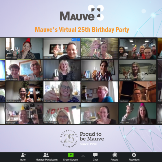 a collage of Mauve's employees virtually raising a cheers to the 25th anniversary