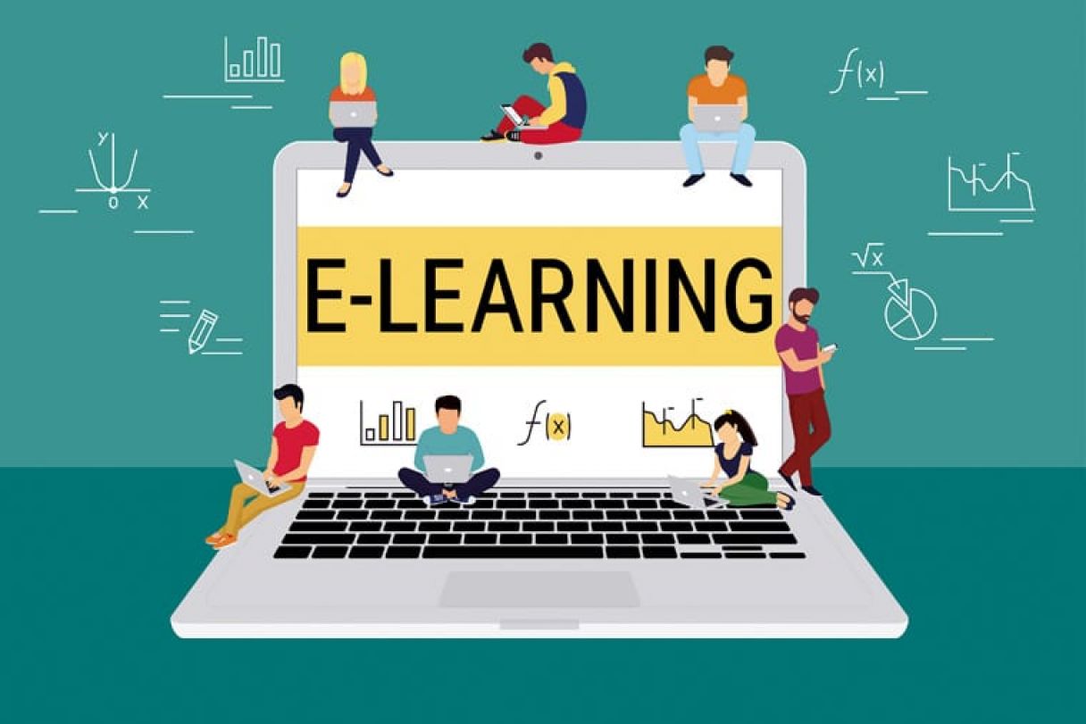 E-learning concept illustration of young people using laptop and smartphone for distance learning and education. Flat design of guys and young women standing on the big open laptop