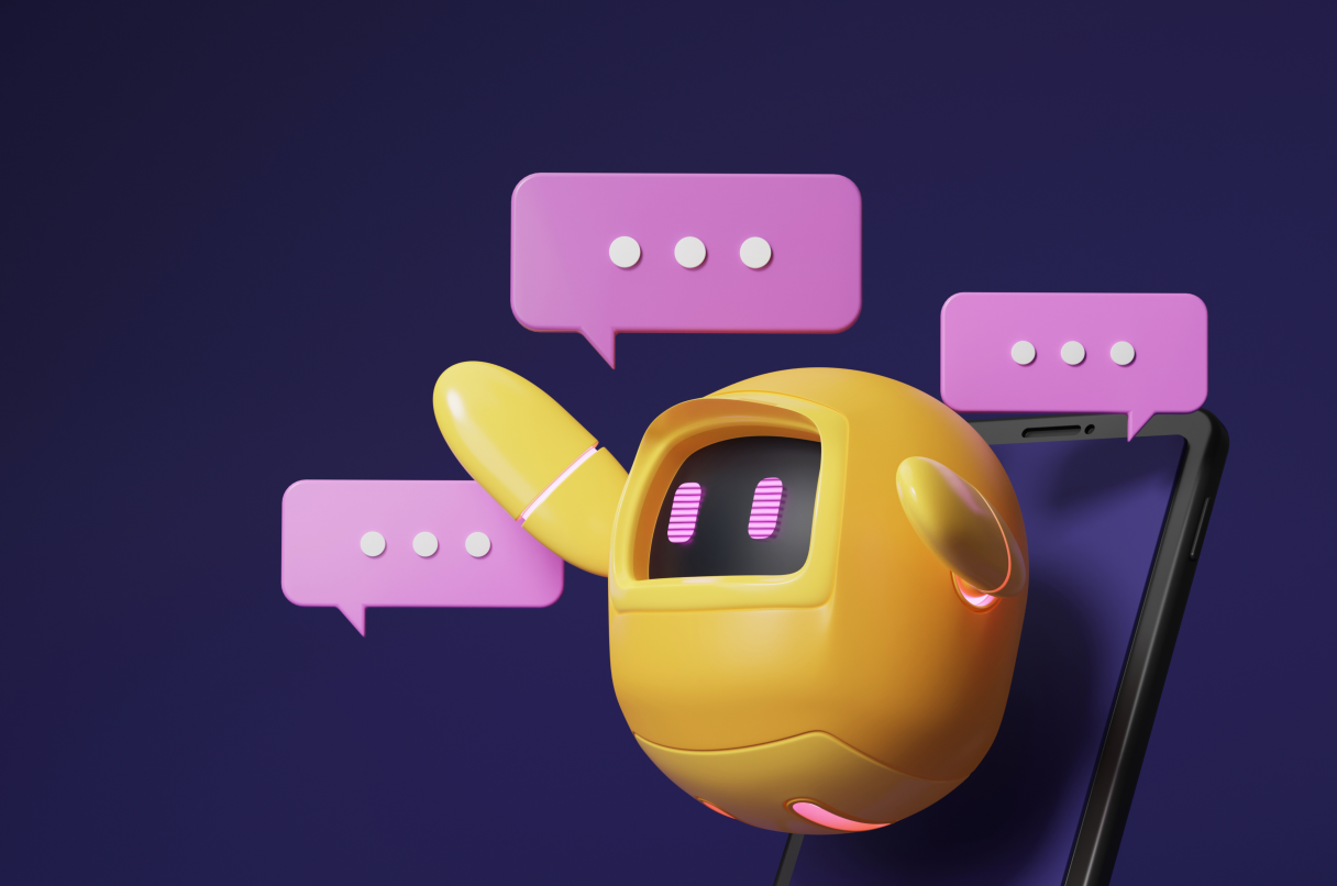 Yellow chatbot with pink conversational bubble depicting AI tech