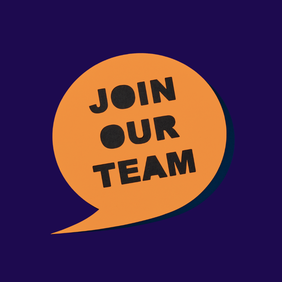 purple background with an orange circle reading 'Join our team'