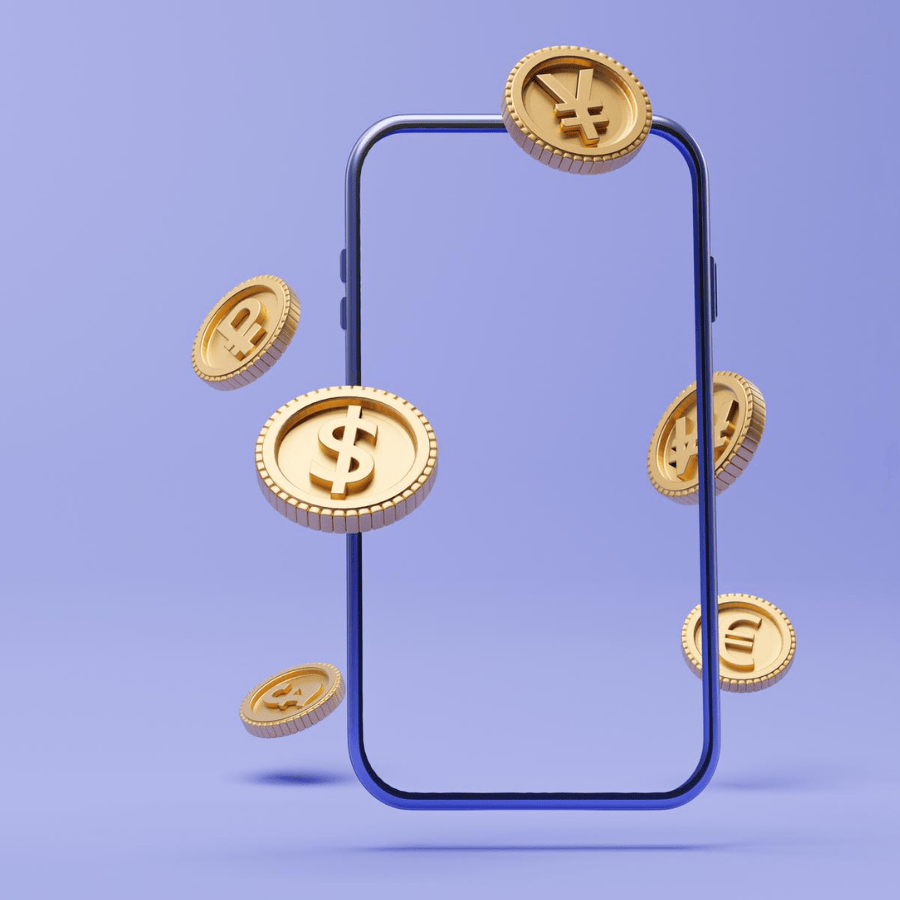a 3d rendering of a smartphone screen with gold coins flying out of it on a blue background