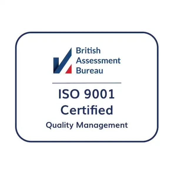 a white badge reading 'ISO 9001 Certified' 