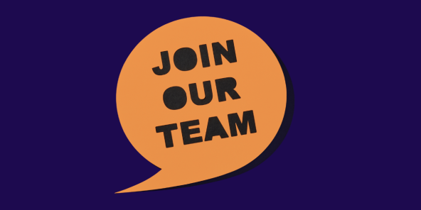 purple background with an orange circle reading 'Join our team'
