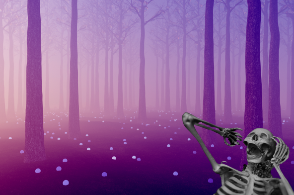 A shrieking skeleton scared in the midst of a violet forest