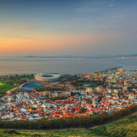 An aerial view of Cape Town at sunset in South Africa 