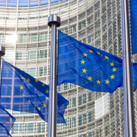 Blue flags featuring yellow stars positioned in a circle lined up outside the European Commission