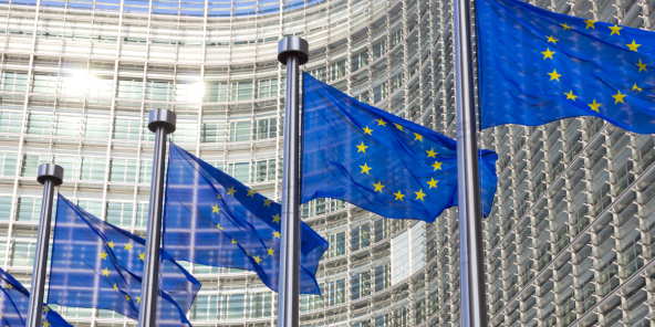 Blue flags featuring yellow stars positioned in a circle lined up outside the European Commission