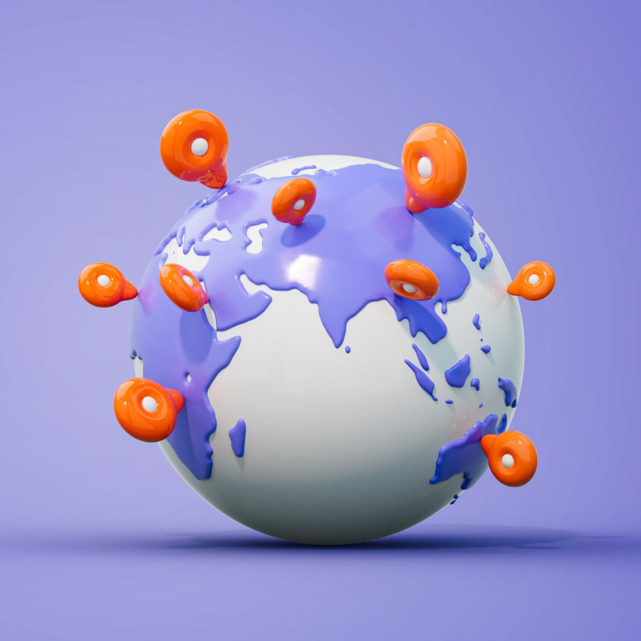 globe with red location pins dotted around it