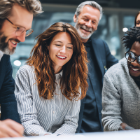 mixed team in happy discussion