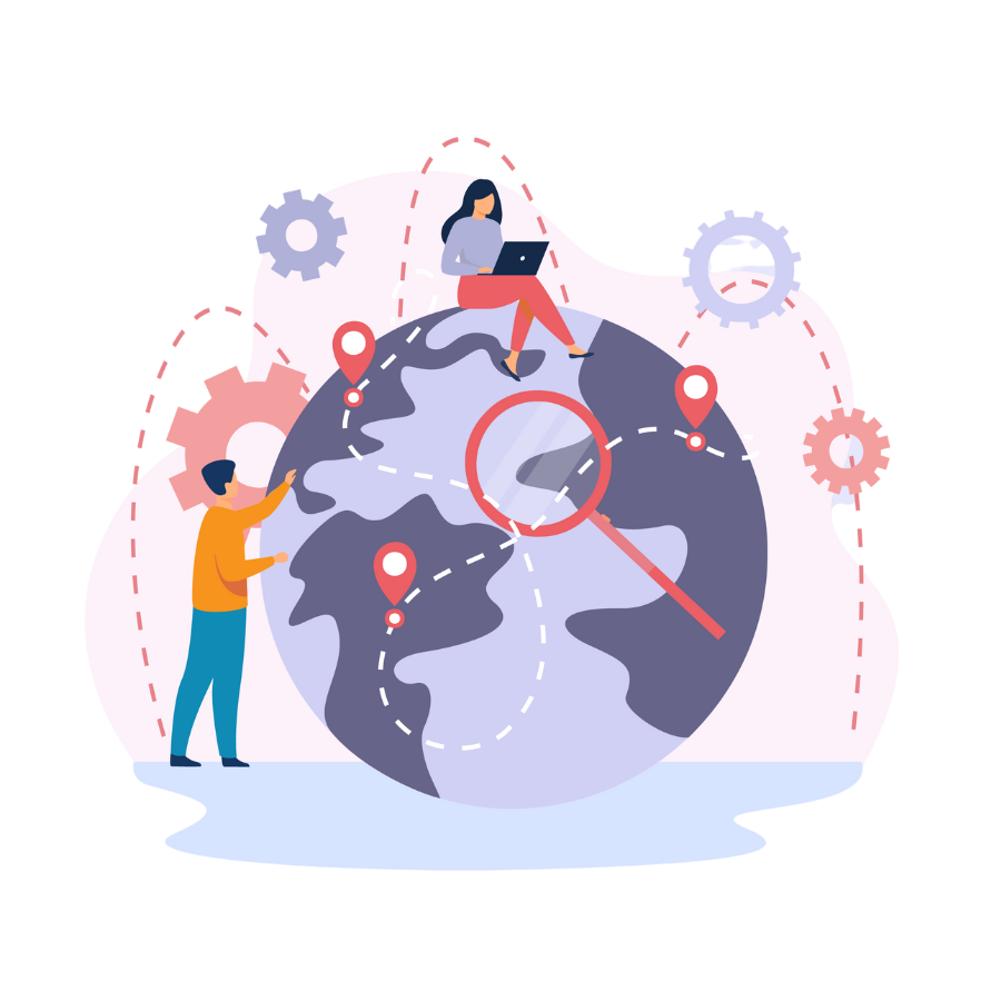 Illustration of a mauve globe with dotted location pins and a magnifying glass at the centre