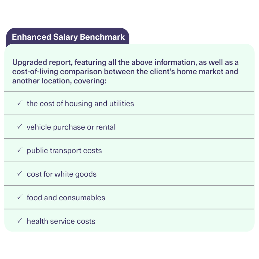 green table detailing features of Mauve's Enhanced Salary Benchmarking services