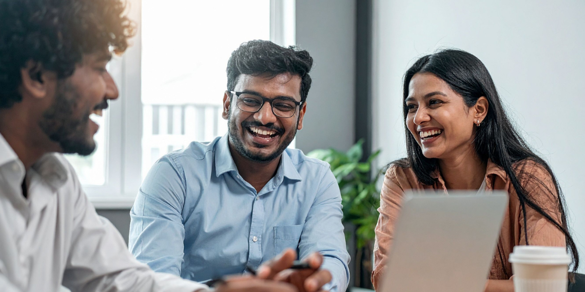 Asian male and female colleagues laughing