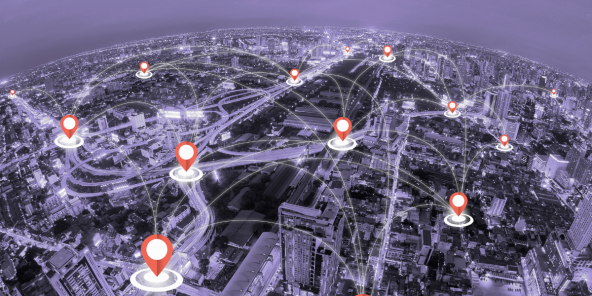 numerous city locations annotated with coral red pins