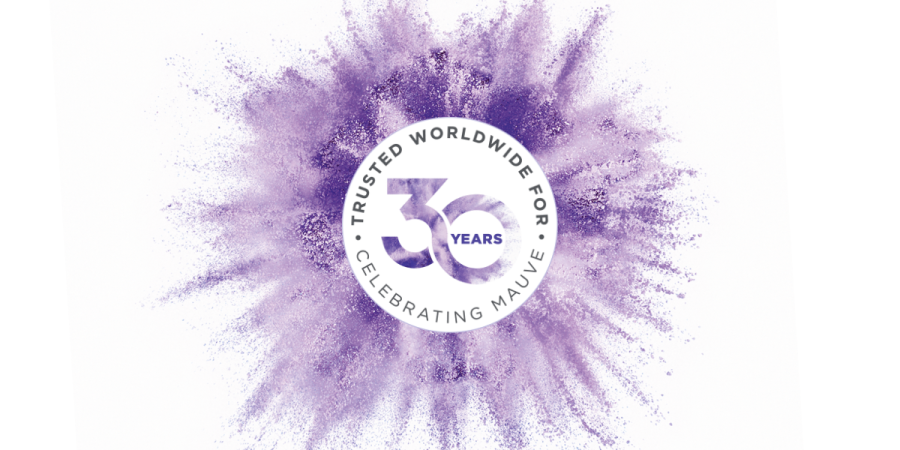 a mauve-coloured roundel reading 'Trusted worldwide for 30 years'