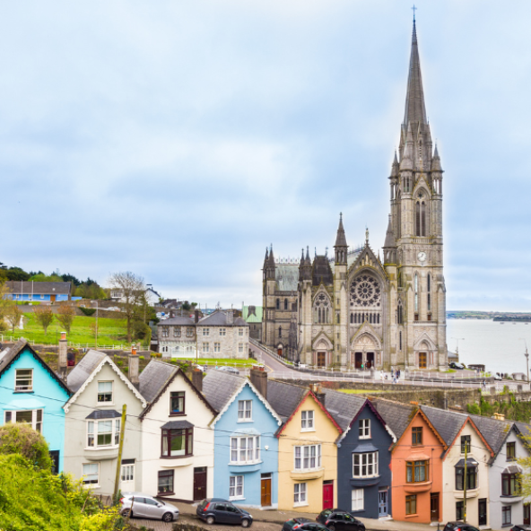 Colourful Victorian homes stacked up a steep hill in Cobh, Ireland