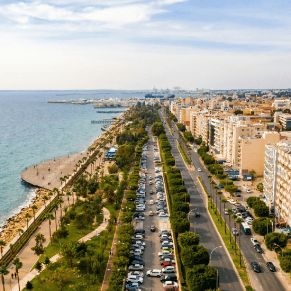 Aerial view of a sea-front road