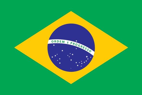 Flag of Brazil featuring a green field with a yellow diamond in the center, inside of which is a blue globe with white stars and a white banner reading 'Ordem e Progresso.'