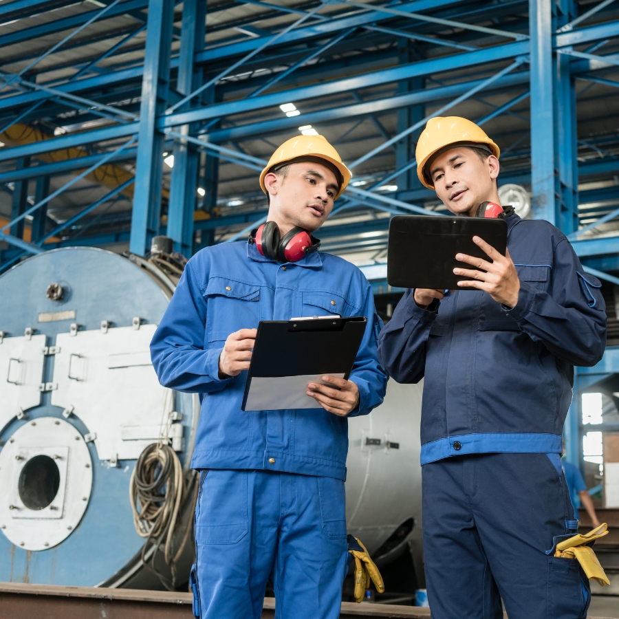 Two Asian male workers carrying out quality control checks in a factory