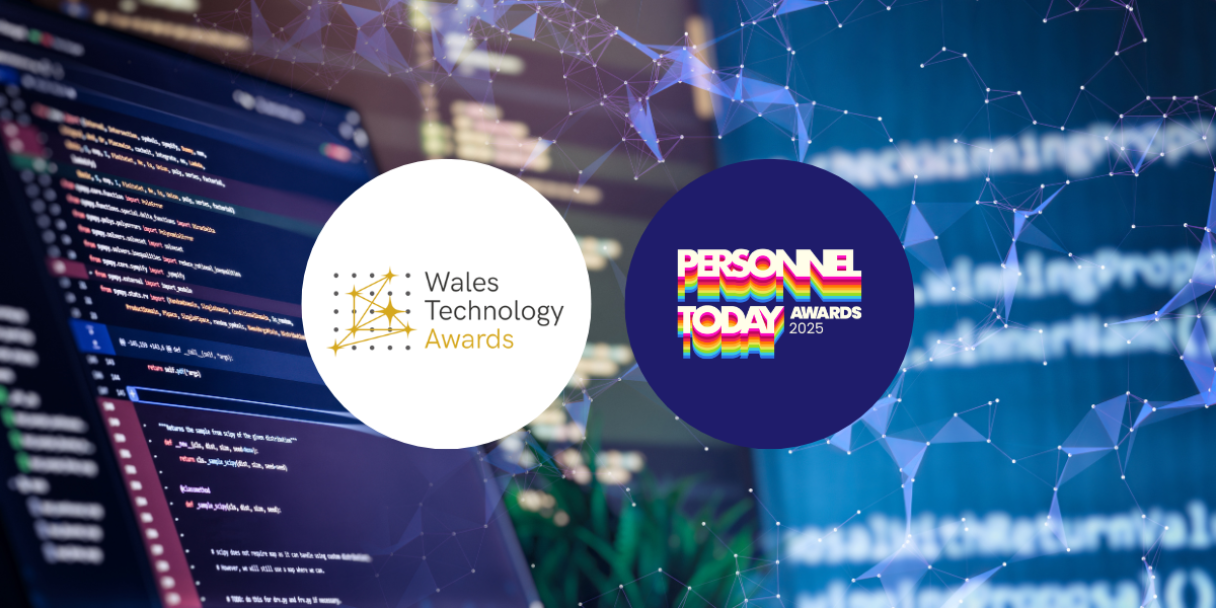 a closeup of code on a laptop screen, with two award logos 