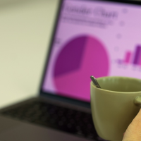 closeup of a lady looking at charts on a laptop screen