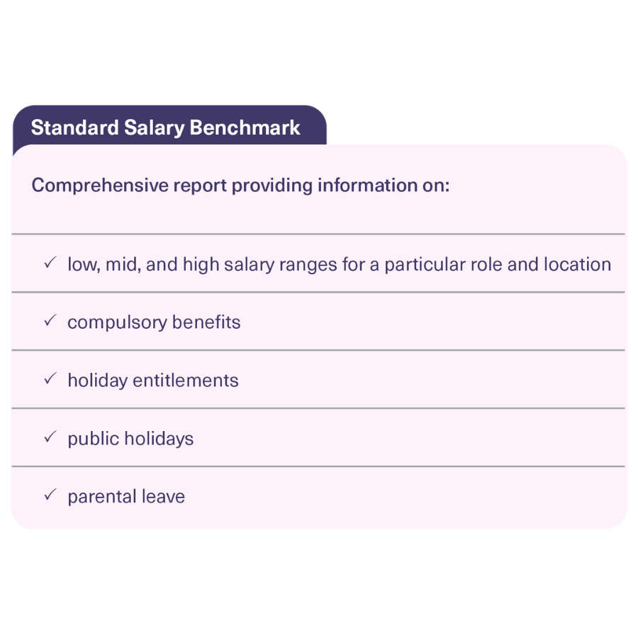 pink table detailing features of Mauve's Standard Salary Benchmarking services