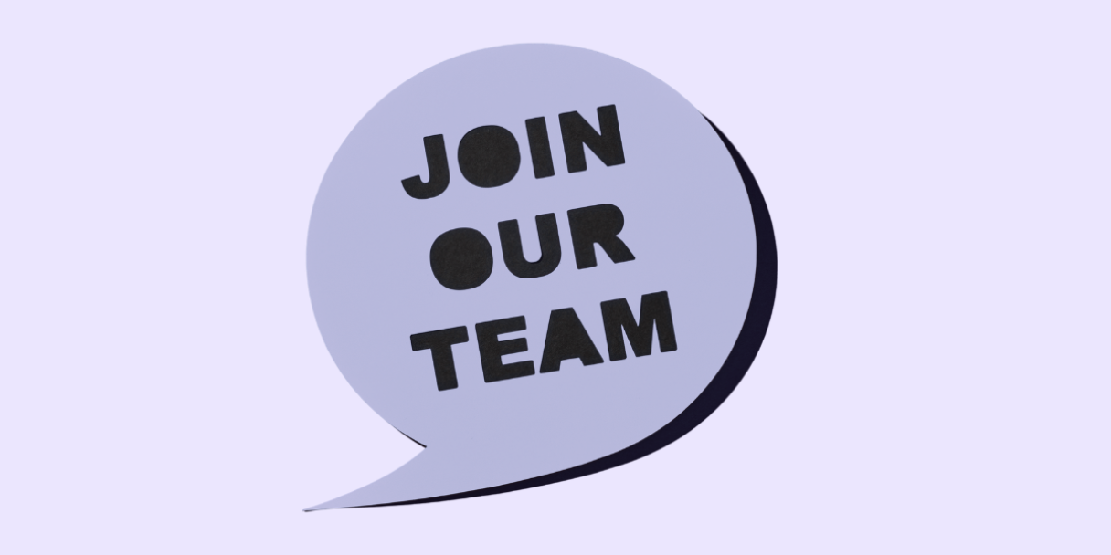 a central mauve speech bubble reading 'We are hiring' against a pale lilac background