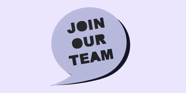 a central mauve speech bubble reading 'We are hiring' against a pale lilac background