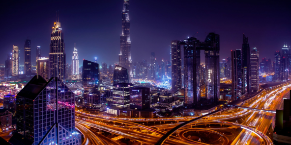 Night skyline of a modern city with a tall central skyscraper, illuminated high-rises, and long-exposure light trails from busy highways curving through the foreground.