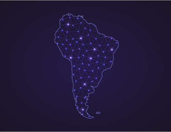 digital network map of south america. abstract connect line and dot on dark background