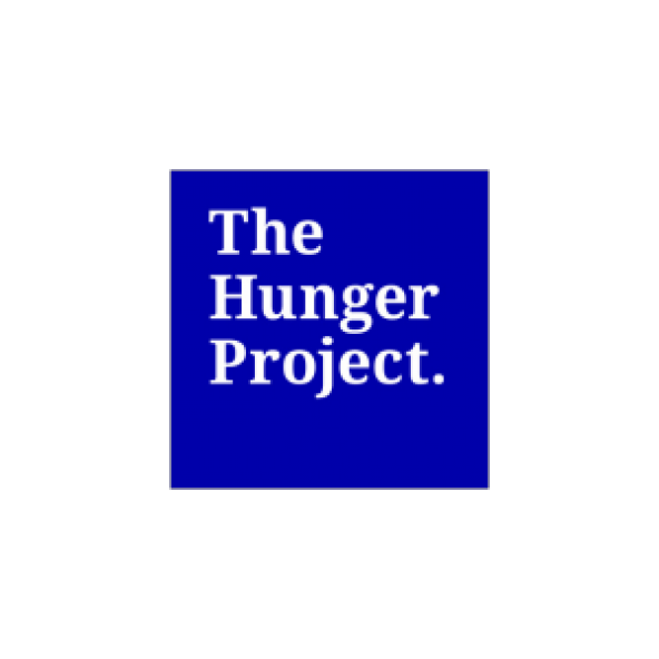 'The hunger project' in white on a royal blue background