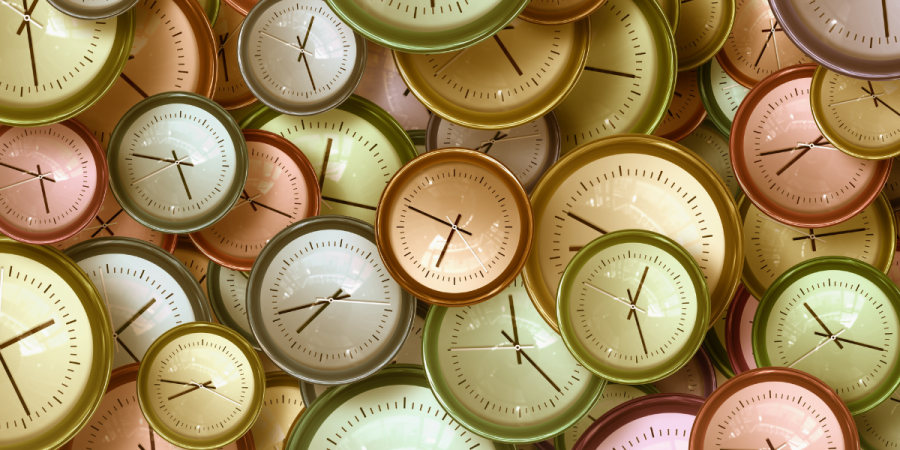 Overlapping coloured clock faces