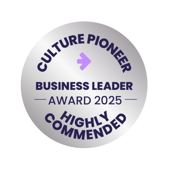 a silver circle badge reading 'Culture Pioneer Business Leader Highly Commended'